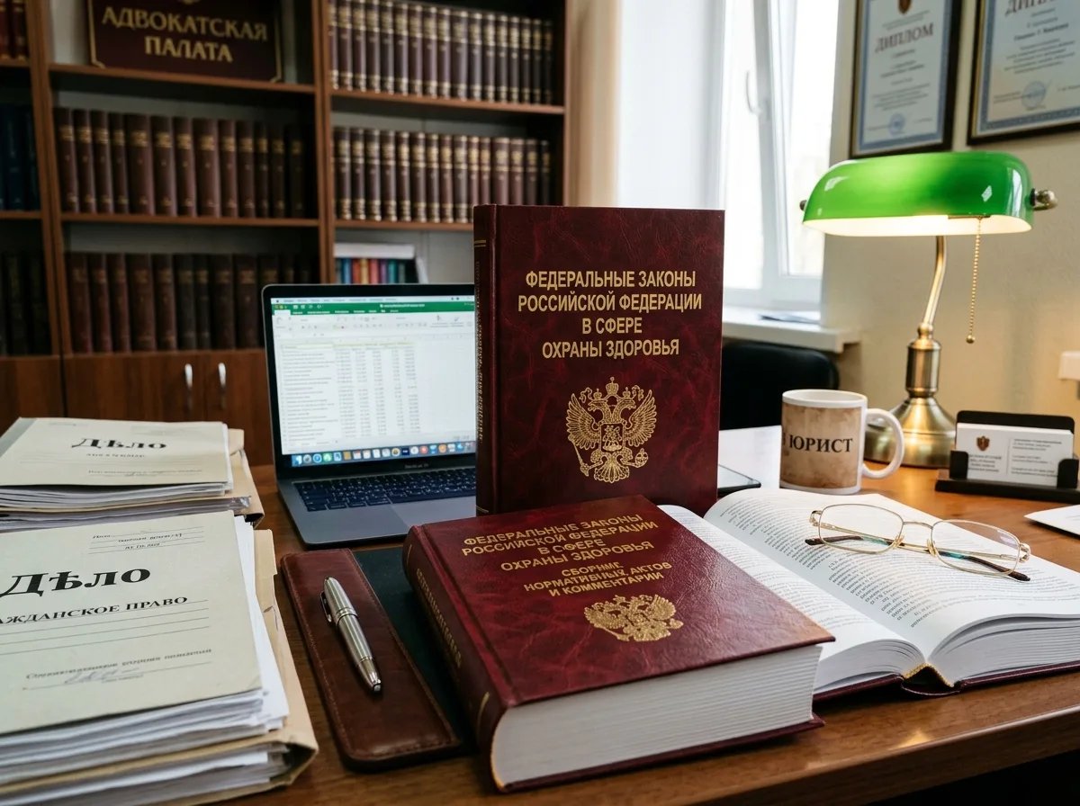 Книга федеральных законов России в области охраны здоровья граждан на столе юриста