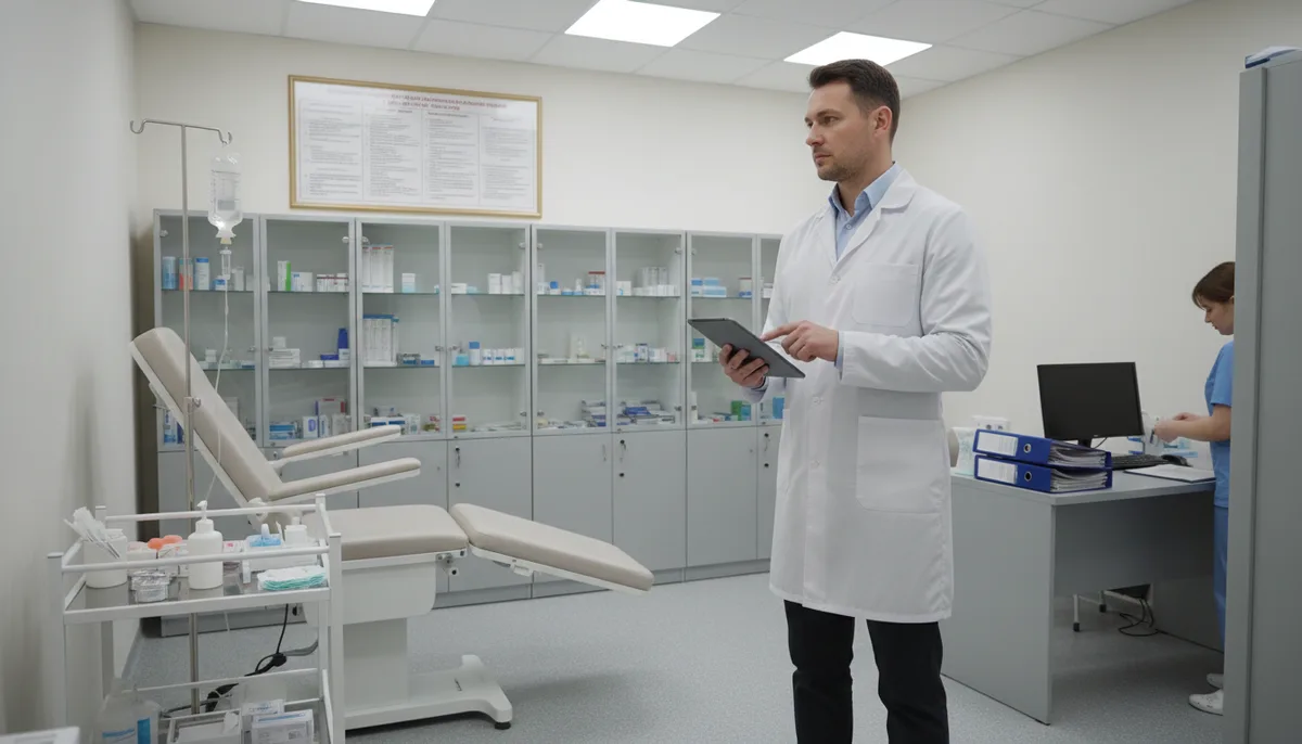Инспектор с планшетом осматривает процедурный кабинет наркологической клиники