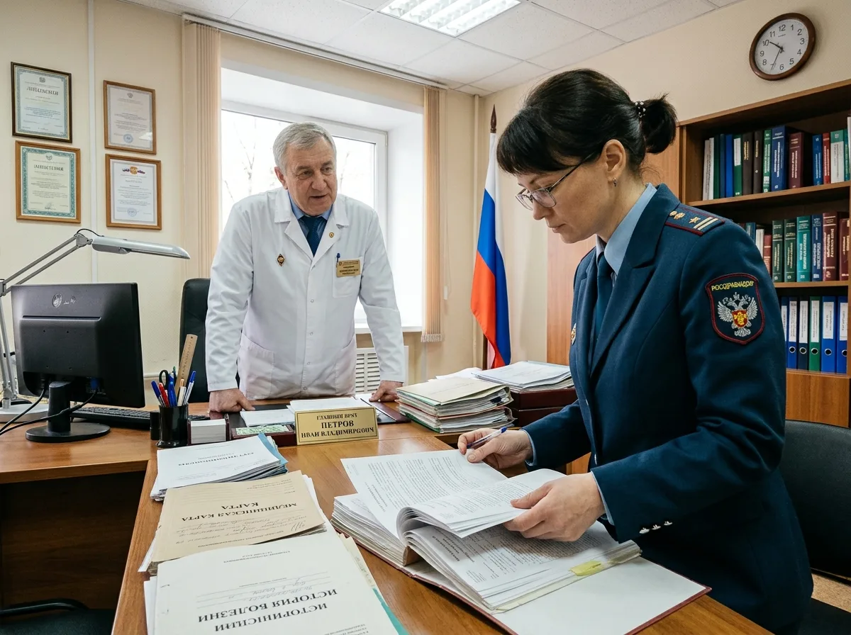 Инспектор Росздравнадзора изучает медицинскую документацию в кабинете главного врача клиники