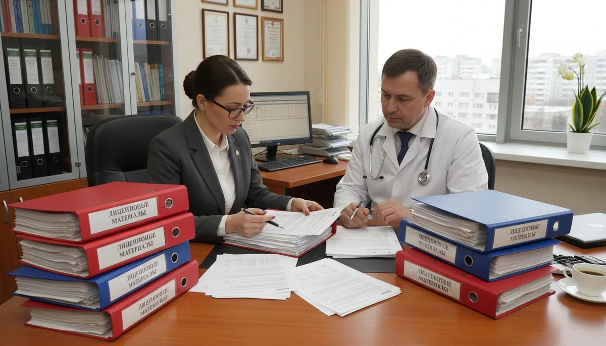 инспектор проверяет документы в медицинском учреждении, папки с лицензионными материалами, рабочая обстановка кабинета