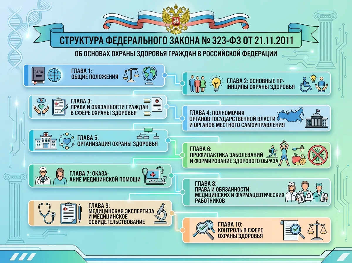Структура Федерального закона 323-ФЗ об охране здоровья граждан, схема глав и разделов документа