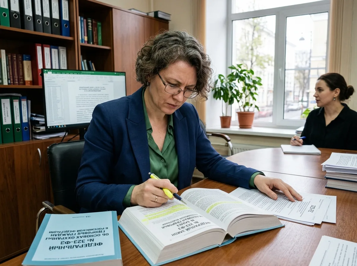Медицинский юрист изучает Федеральный закон 323-ФЗ об основах охраны здоровья граждан, консультация в офисе